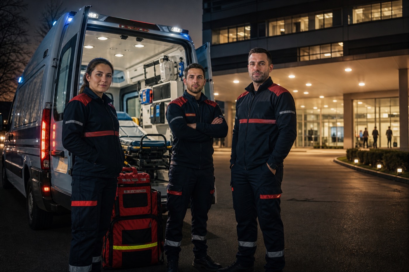 Echipaj medical lângă ambulanță, pregătit pentru un transfer liniștit