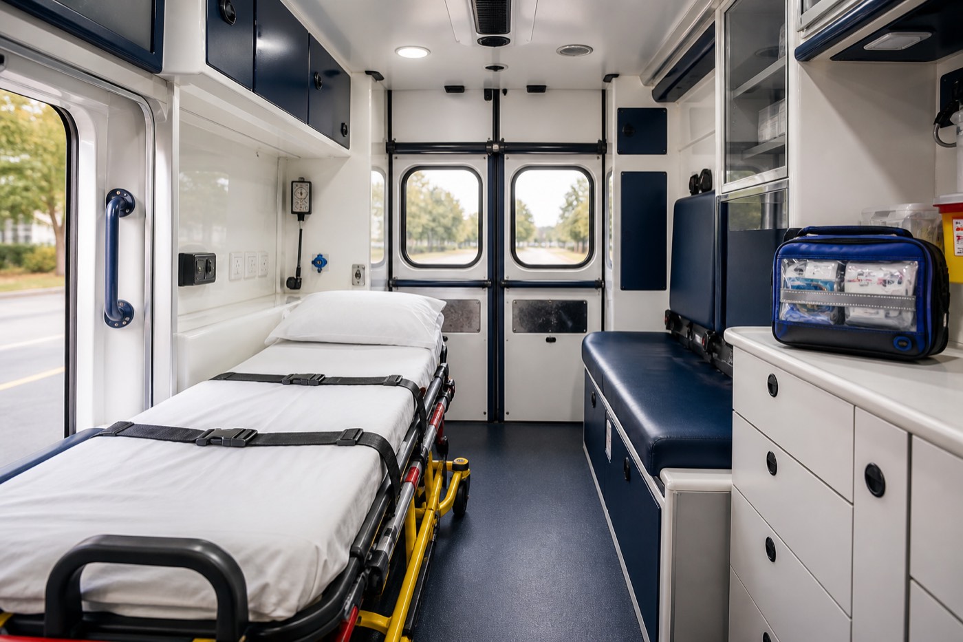Ambulanță pentru transport sanitar, pacient stabil pe targă