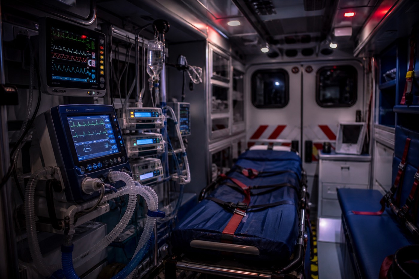 Interior de ambulanță cu monitorizare pentru transfer medical
